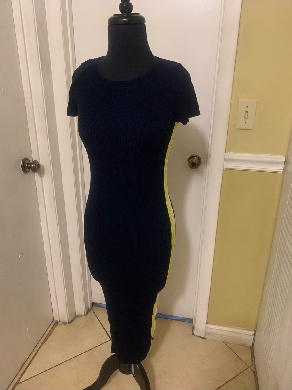 Zara Navy Maxi Dress with Yellow Side Stripe New with no tags